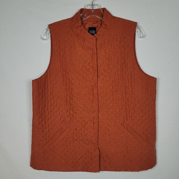 Eileen Fisher 100% Silk Vest Womens M Terracotta Quilted Snap Front Lightweight - Picture 1 of 13